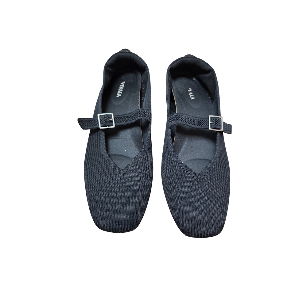 Vivaia Margot Mary Jane Flats Women 8.5 Black Ribbed Knit Square Toe Buckle Stra